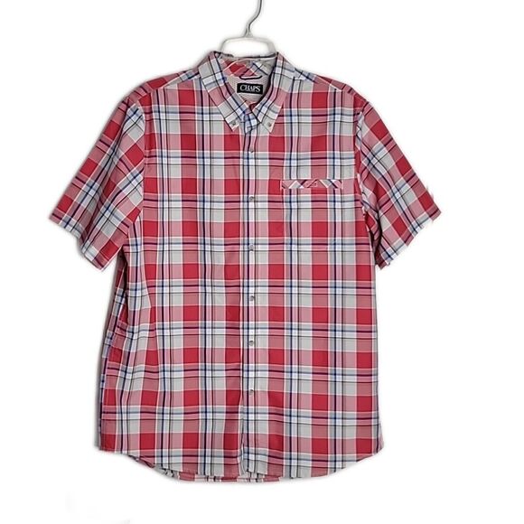 Chaps Button Up Collard Shirt ~ Sz L ~ Red, White, Blue ~ Short Sleeve - Picture 1 of 4